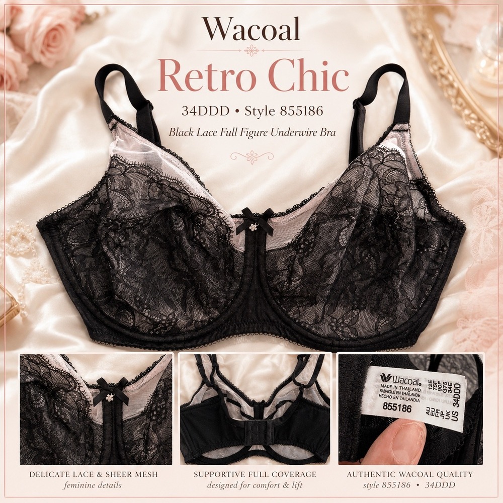 Wacoal Retro Chic 855186 Bra 34DDD Black Lace Full Figure Underwire